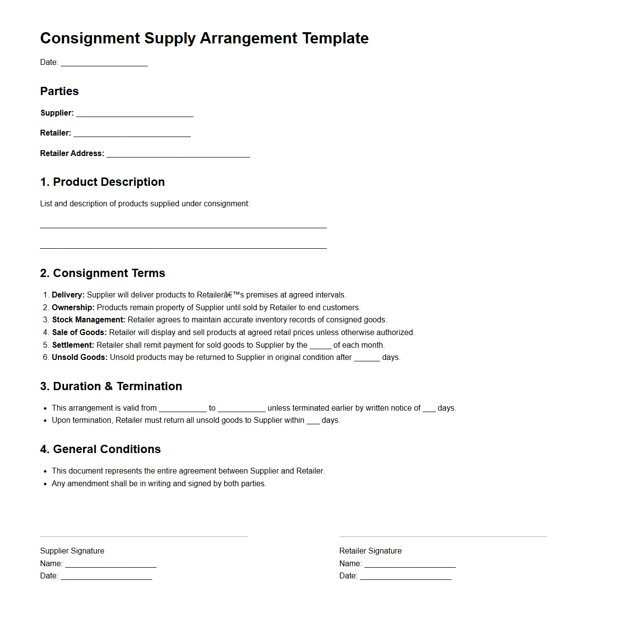 Consignment Supply Arrangement Template for Retailers