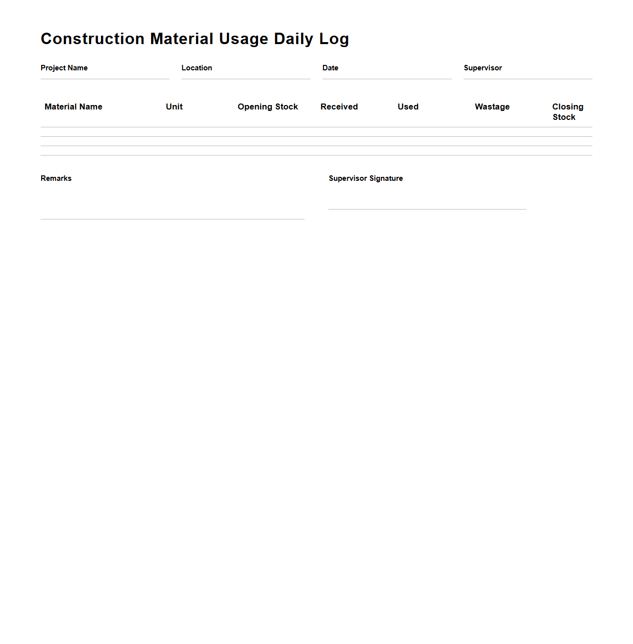 Construction Material Usage Daily Log Sample