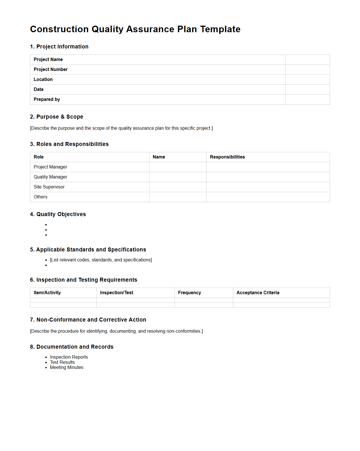 Construction Quality Assurance Plan Template