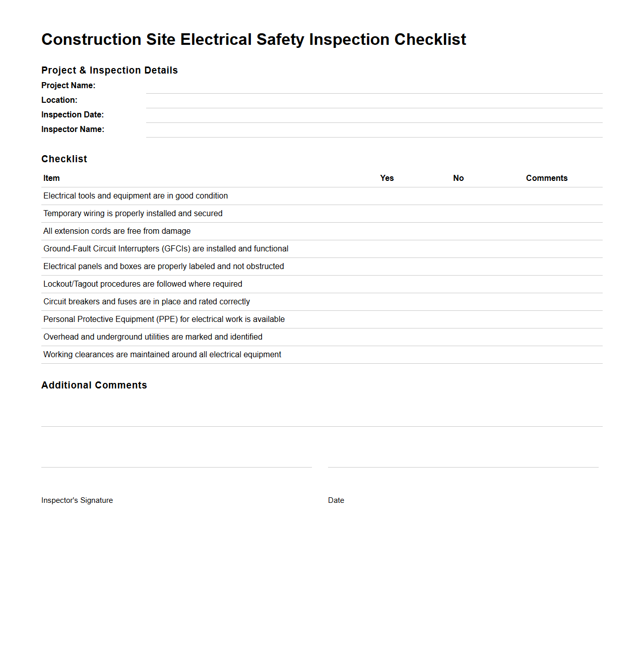 Construction Site Electrical Safety Inspection Checklist