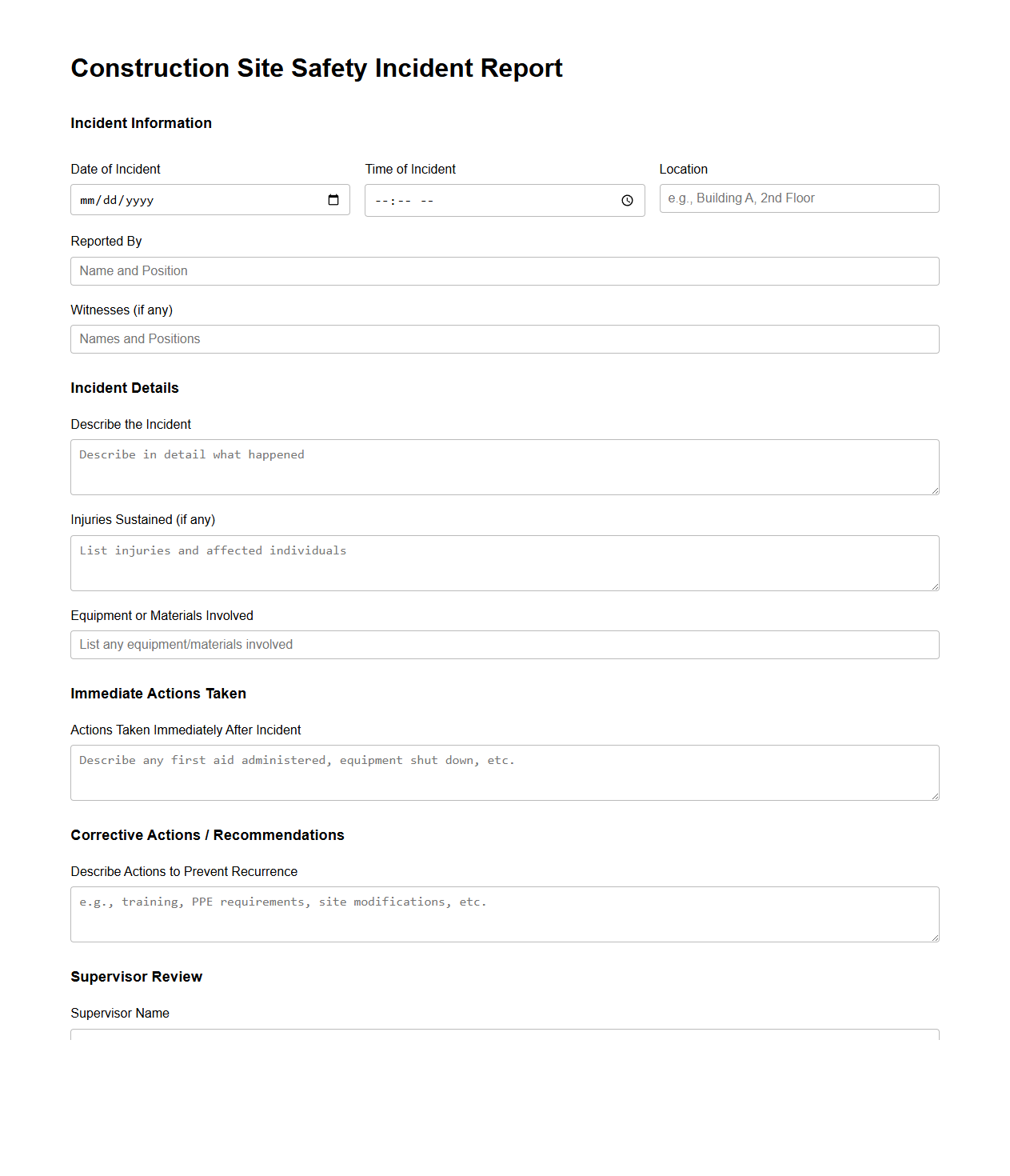 Construction Site Safety Incident Report Template