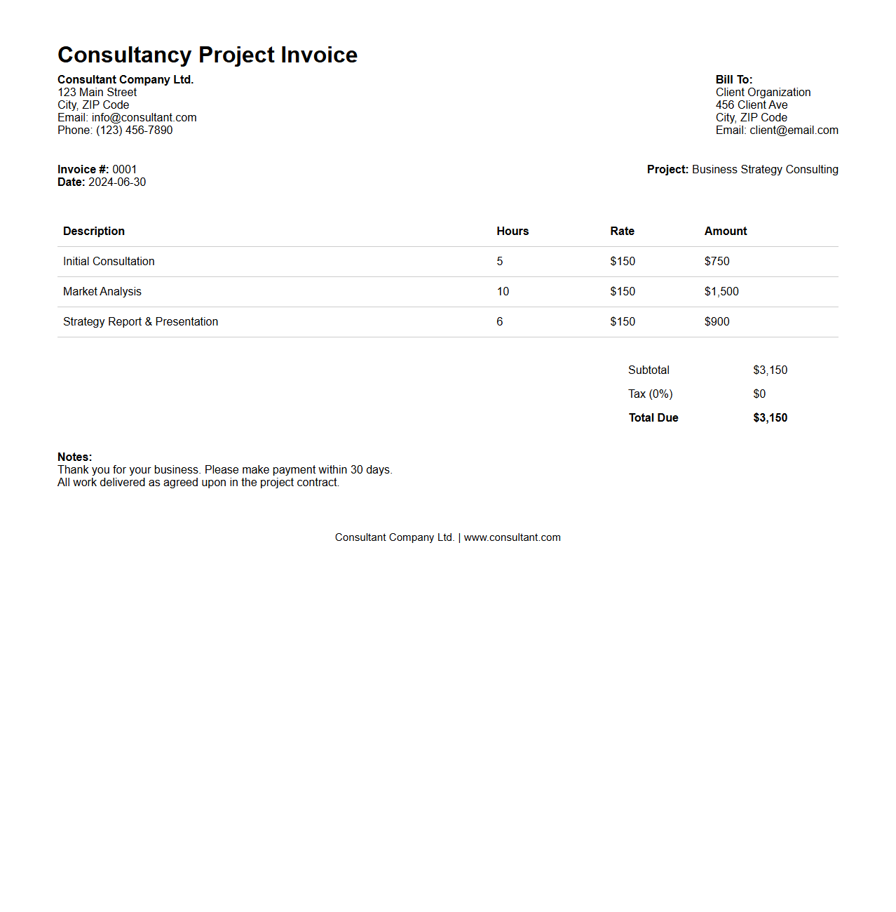 Consultancy Project Invoice Sample