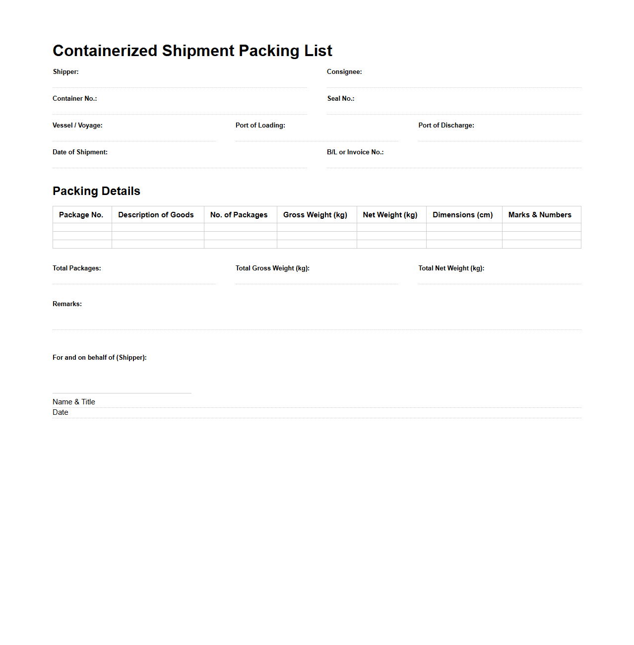 Containerized Shipment Packing List Format