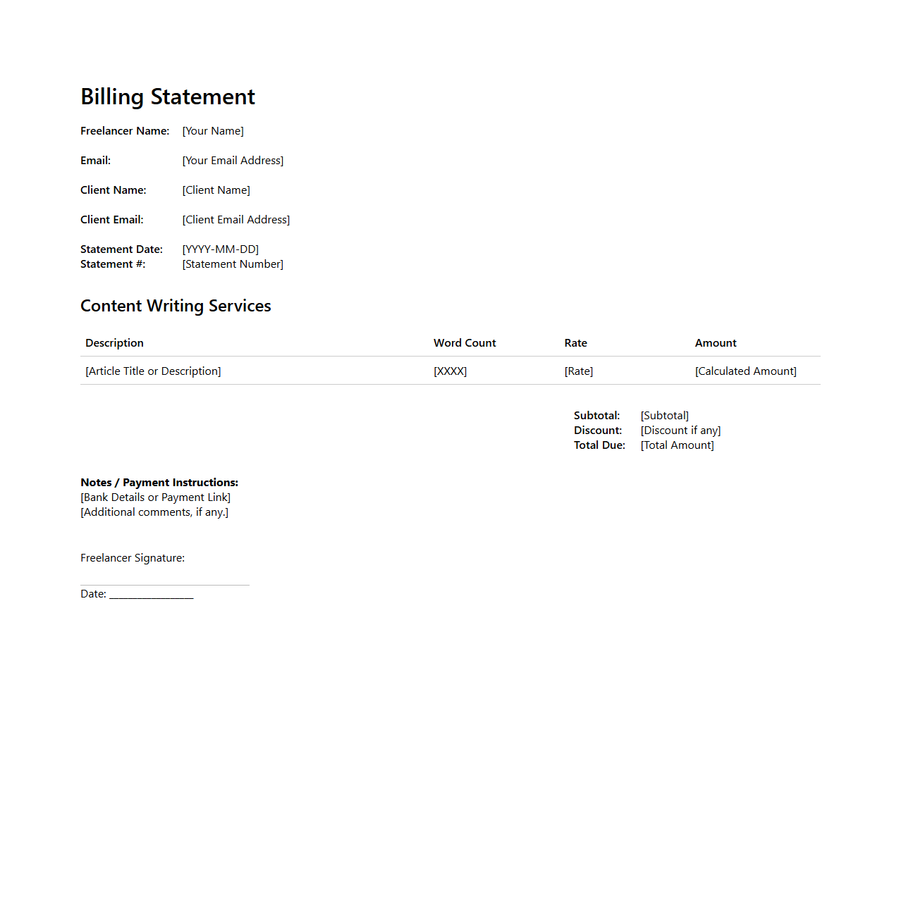 Content Writing Freelance Billing Statement
