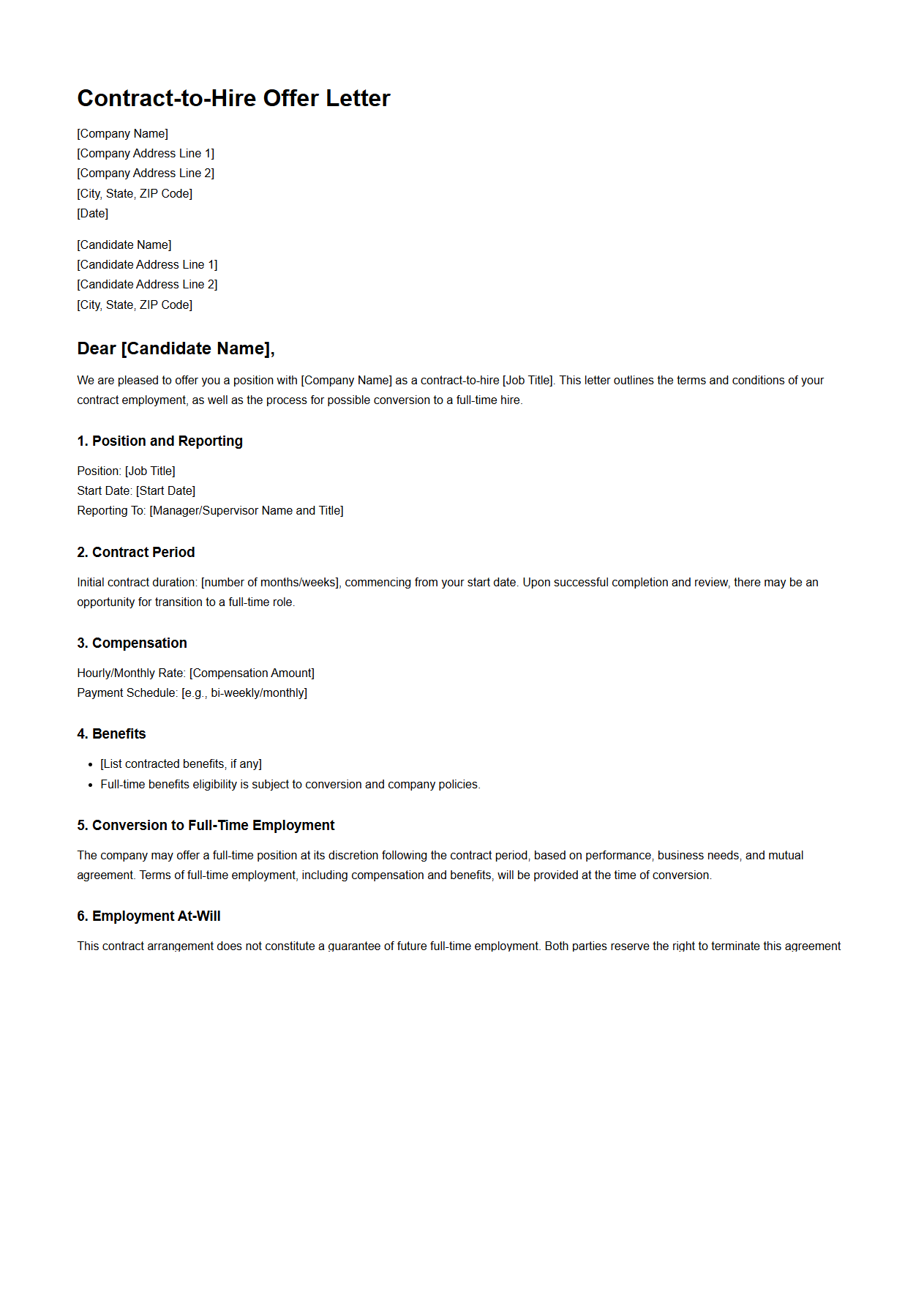Contract-to-Hire Offer Letter Structure