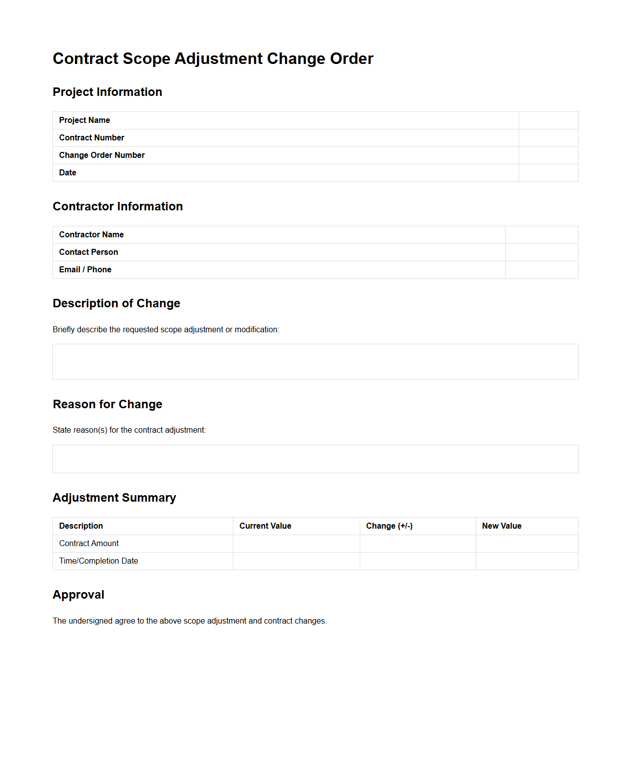 Contract Scope Adjustment Change Order Example