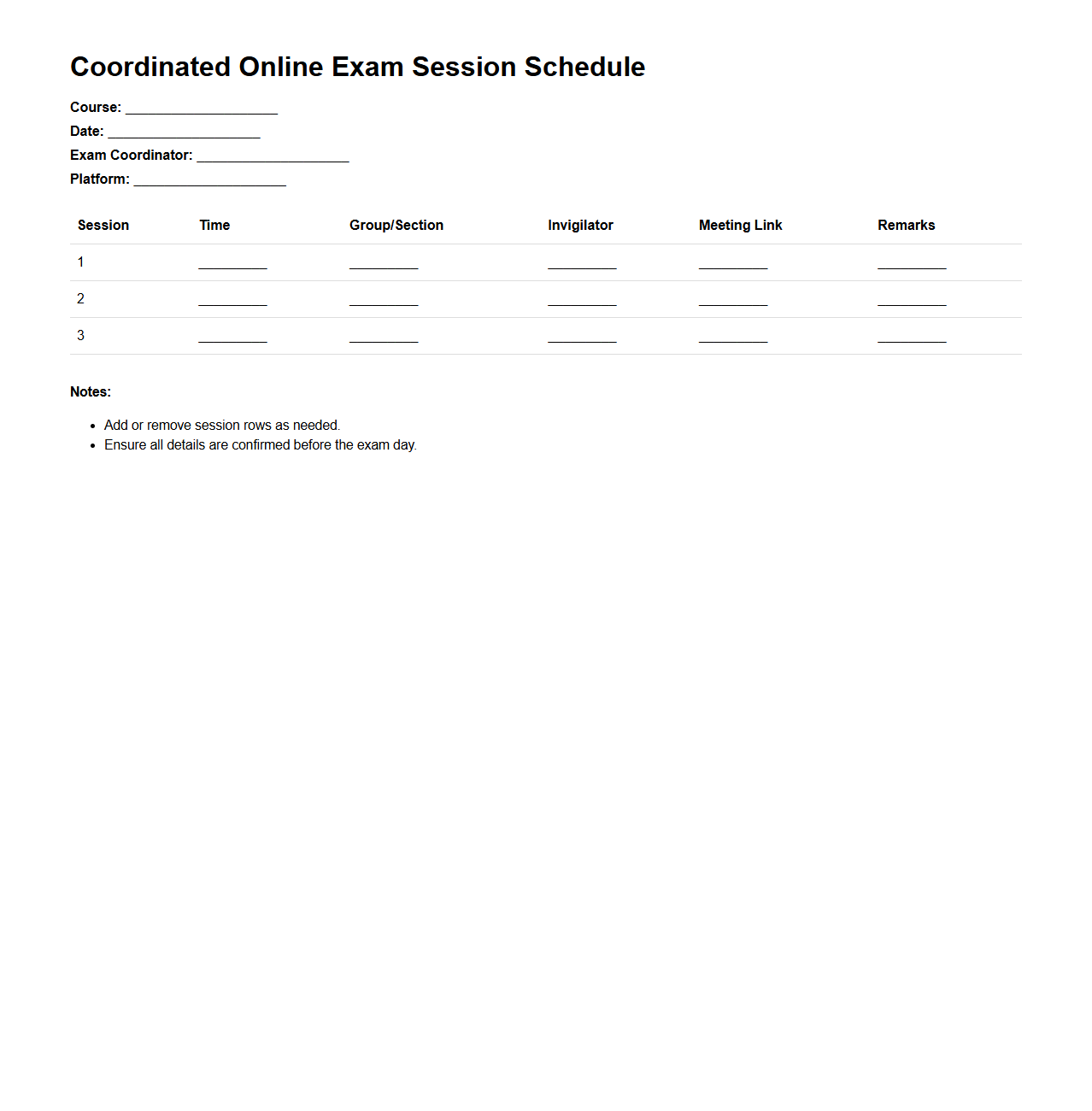 Coordinated Online Exam Session Schedule Format
