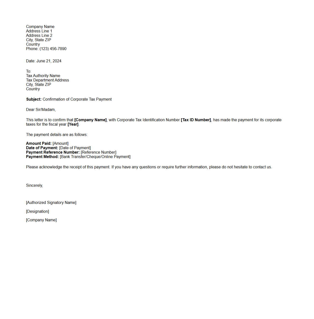 Corporate Tax Payment Confirmation Letter Sample