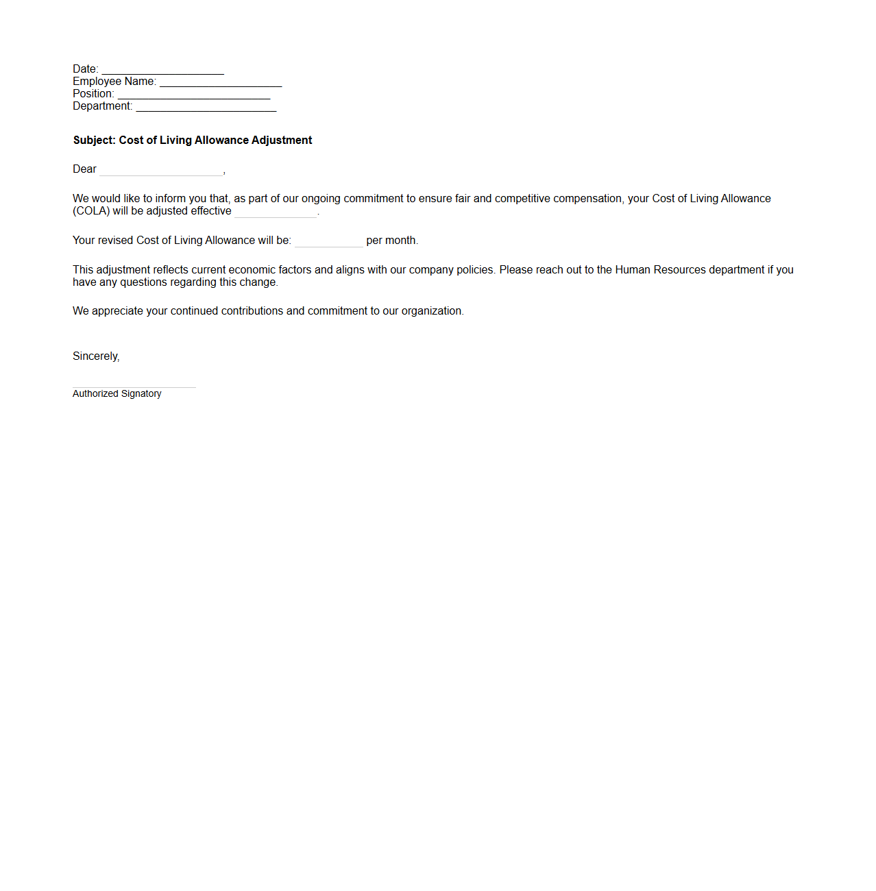 Cost of Living Allowance Adjustment Letter