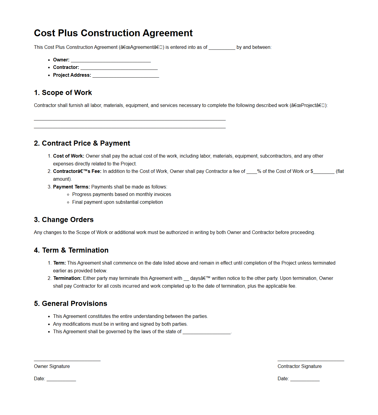 Cost Plus Construction Agreement Sample