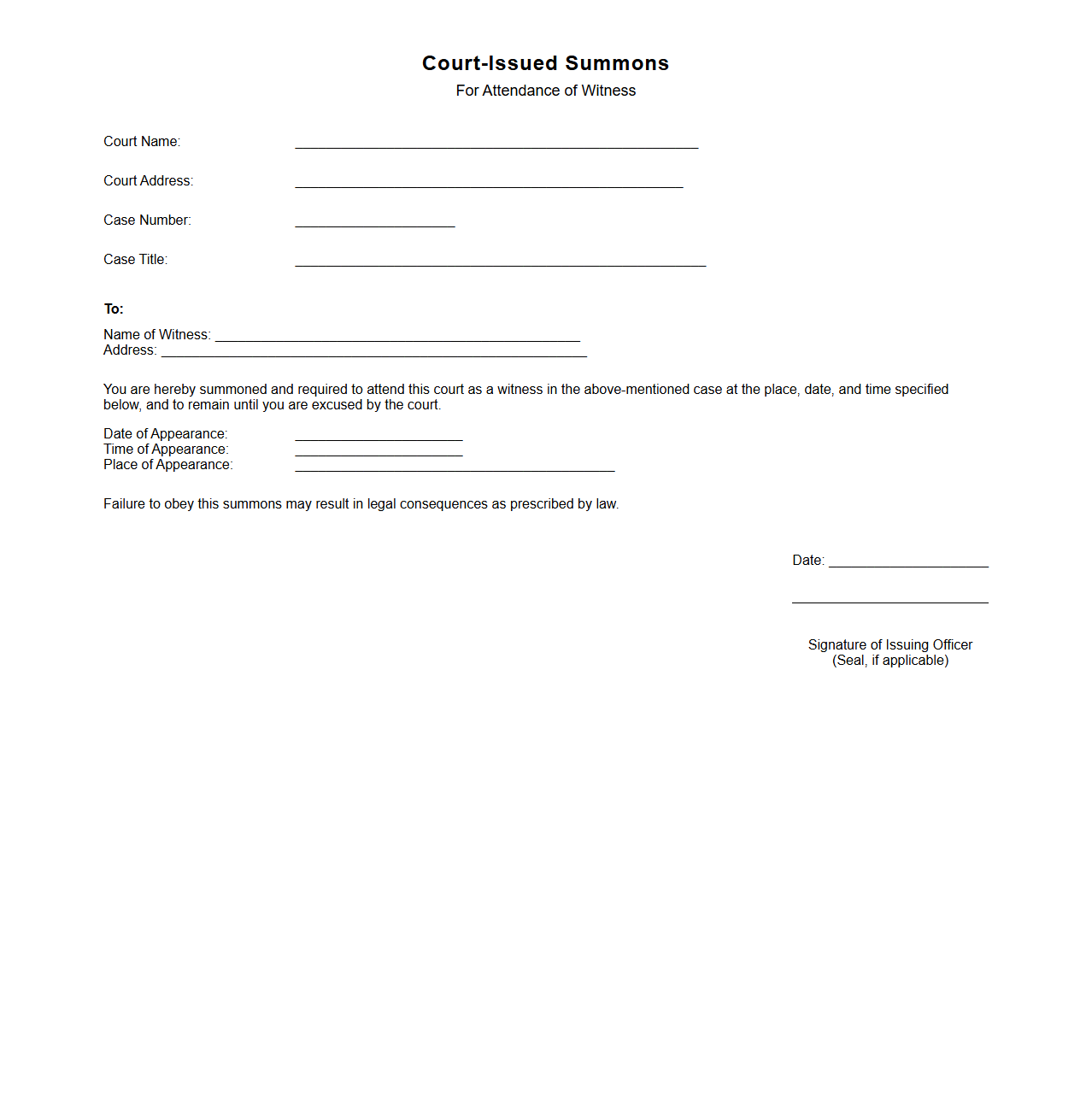Court-Issued Summons for Witness Attendance