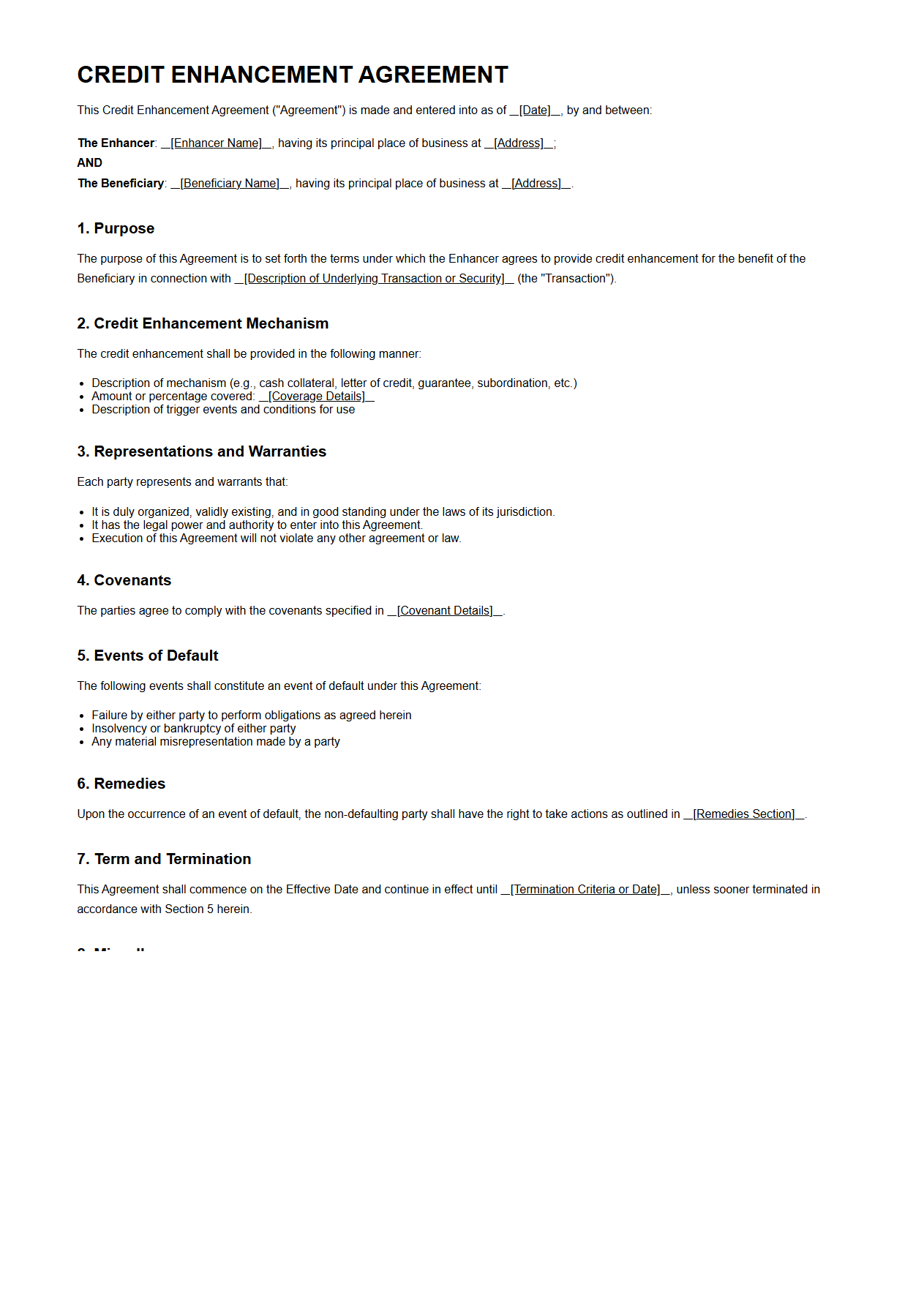 Credit Enhancement Agreement Template for Structured Finance
