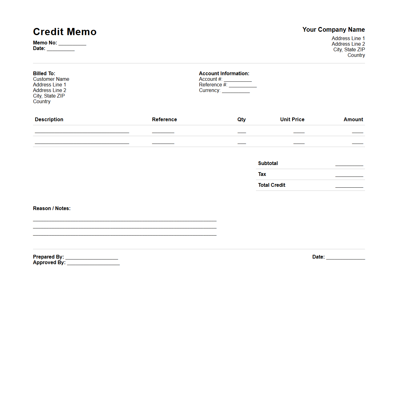 Credit Memo Layout for Account Reconciliation