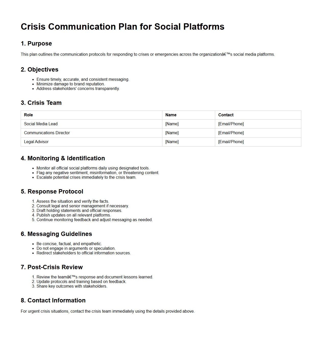 Crisis Communication Plan for Social Platforms