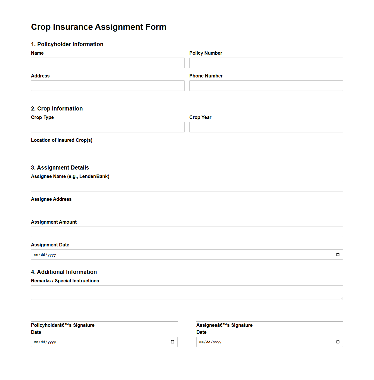 Crop Insurance Assignment Form Template