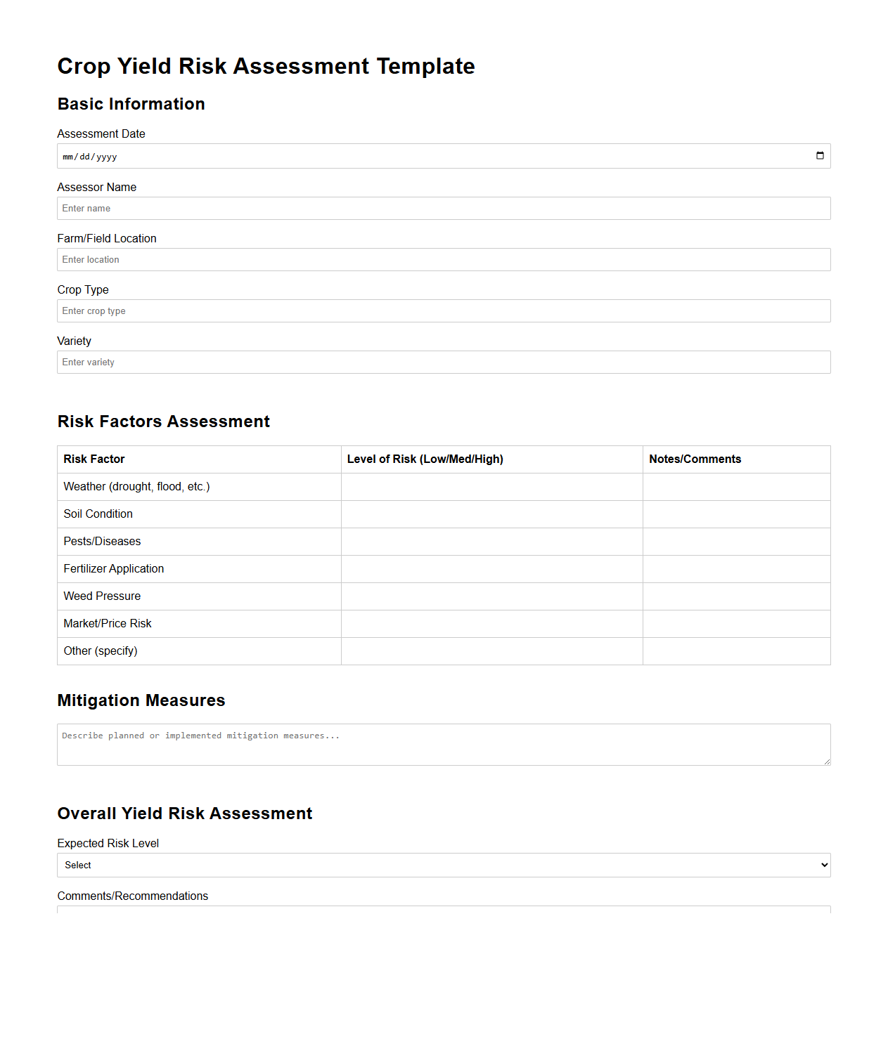 Crop Yield Risk Assessment Template