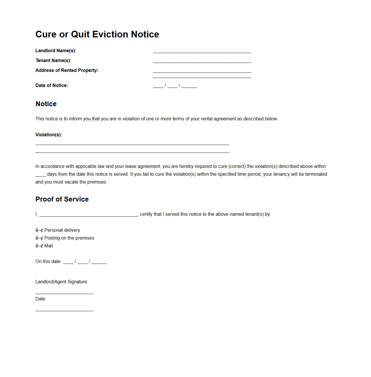 Cure or Quit Eviction Notice Format