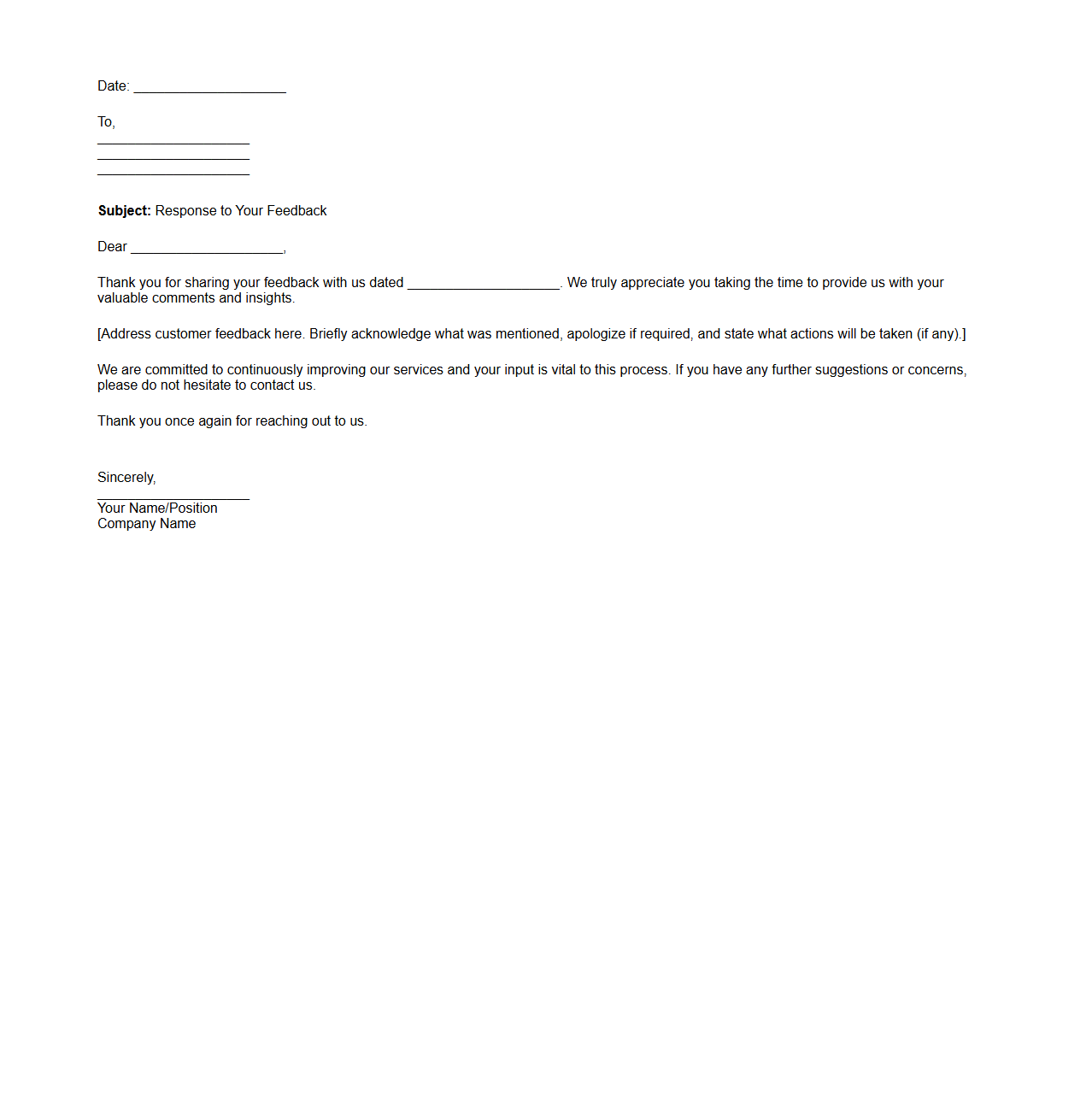 Customer Feedback Response Letter Format