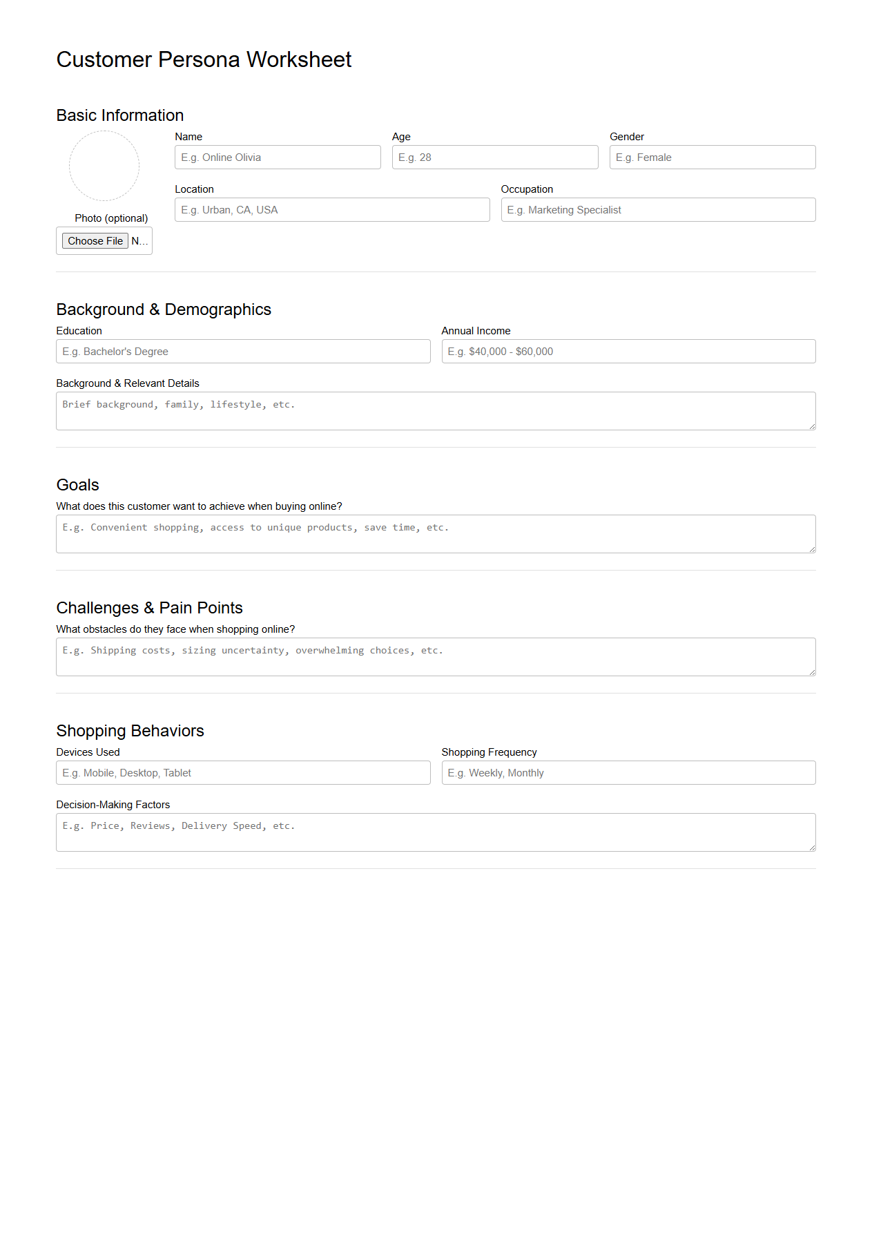 Customer Persona Worksheet for Online Retail