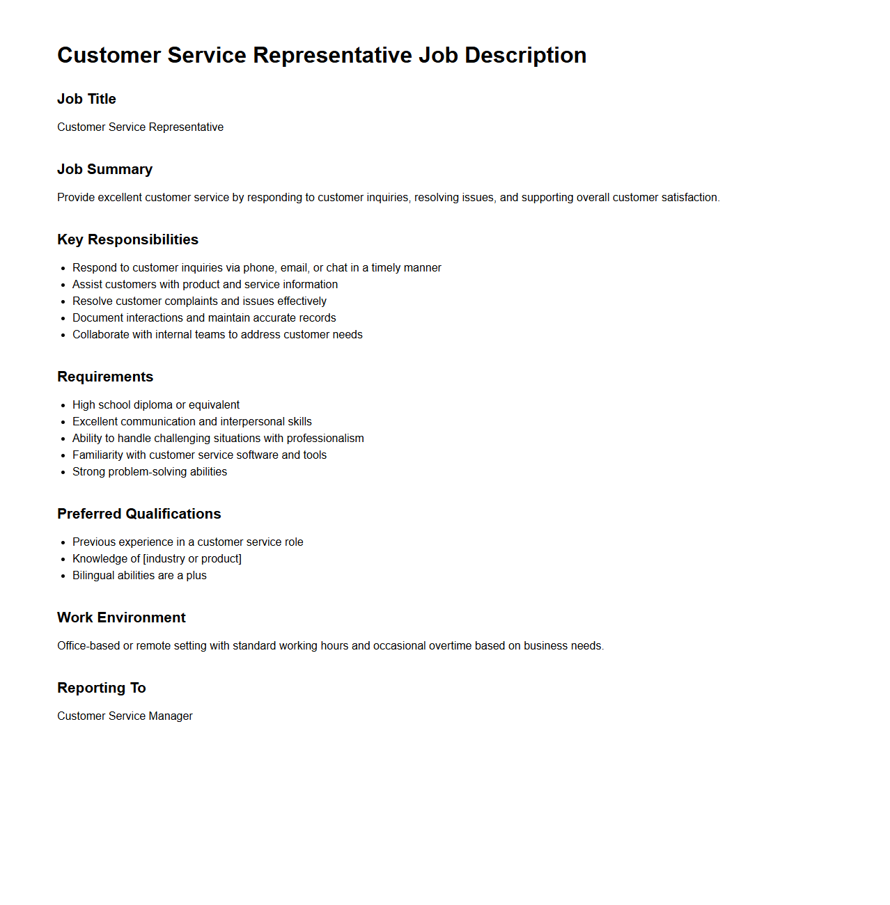Customer Service Representative Job Description Structure