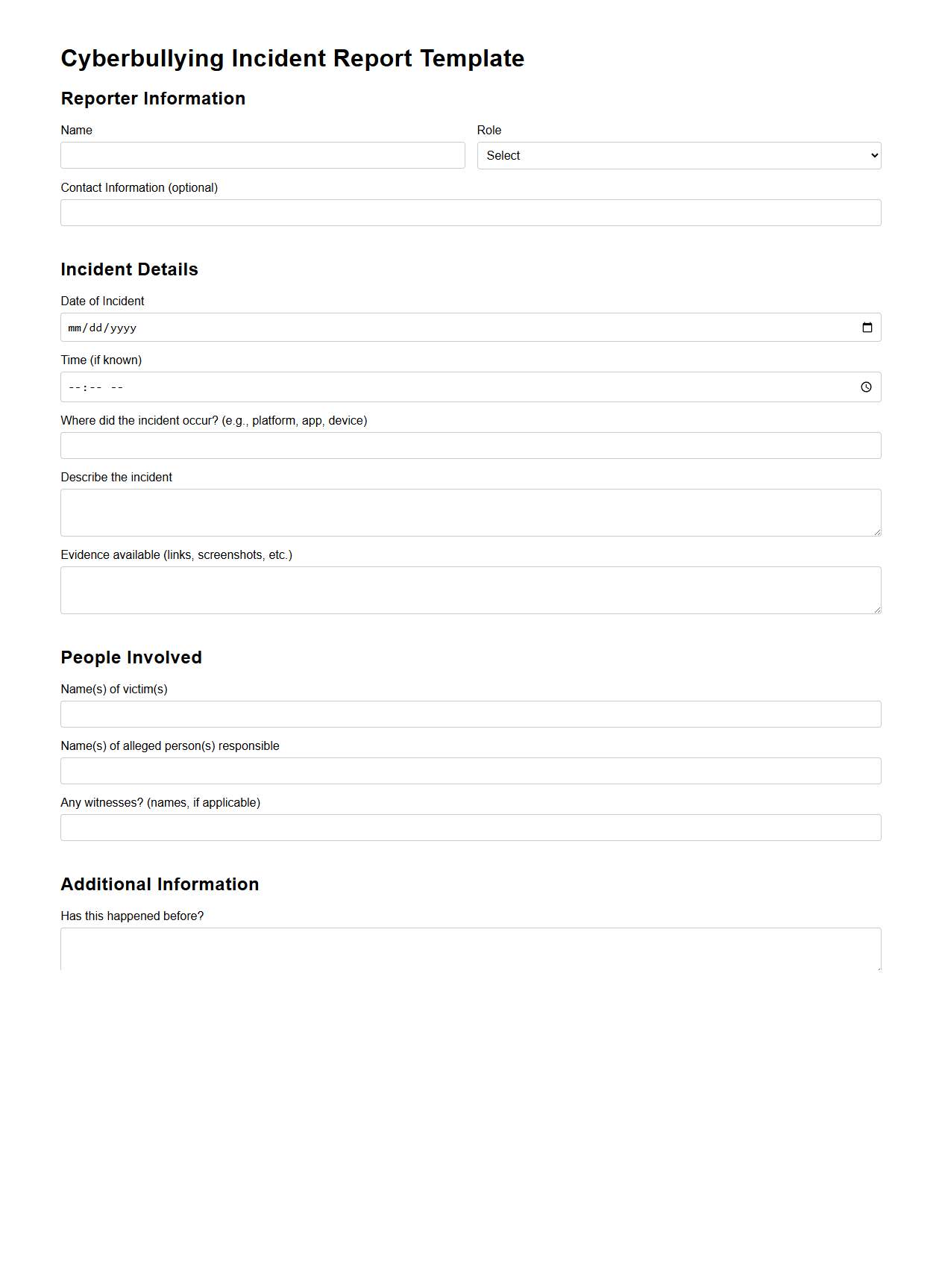 Cyberbullying Incident Report Template for Schools