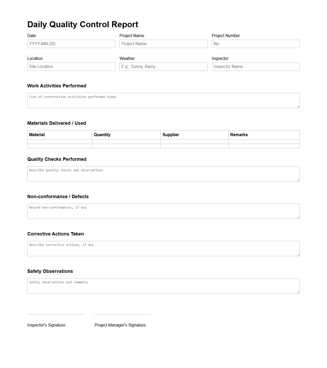 Daily Quality Control Report for Construction Activities