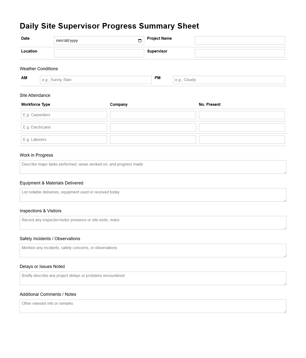 Daily Site Supervisor Progress Summary Sheet