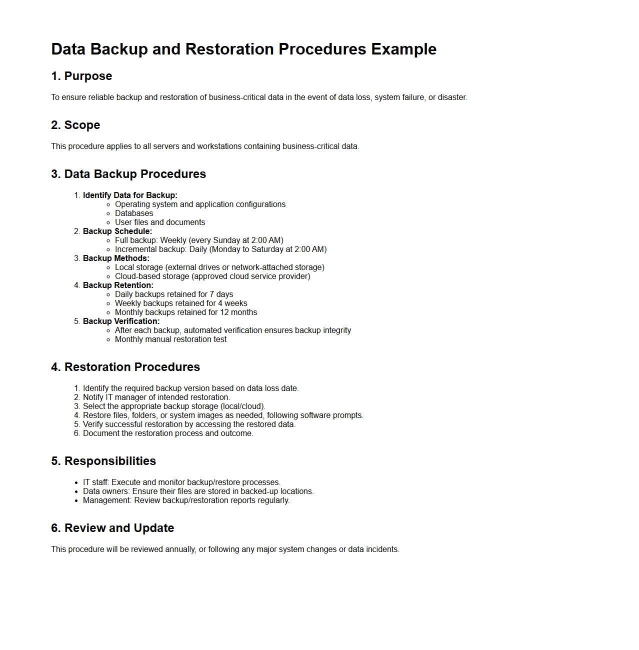 Data Backup and Restoration Procedures Example