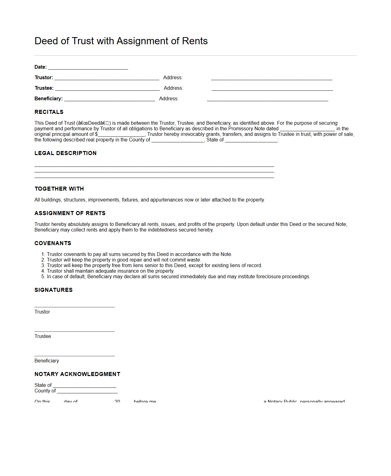 Deed of Trust with Assignment of Rents Example