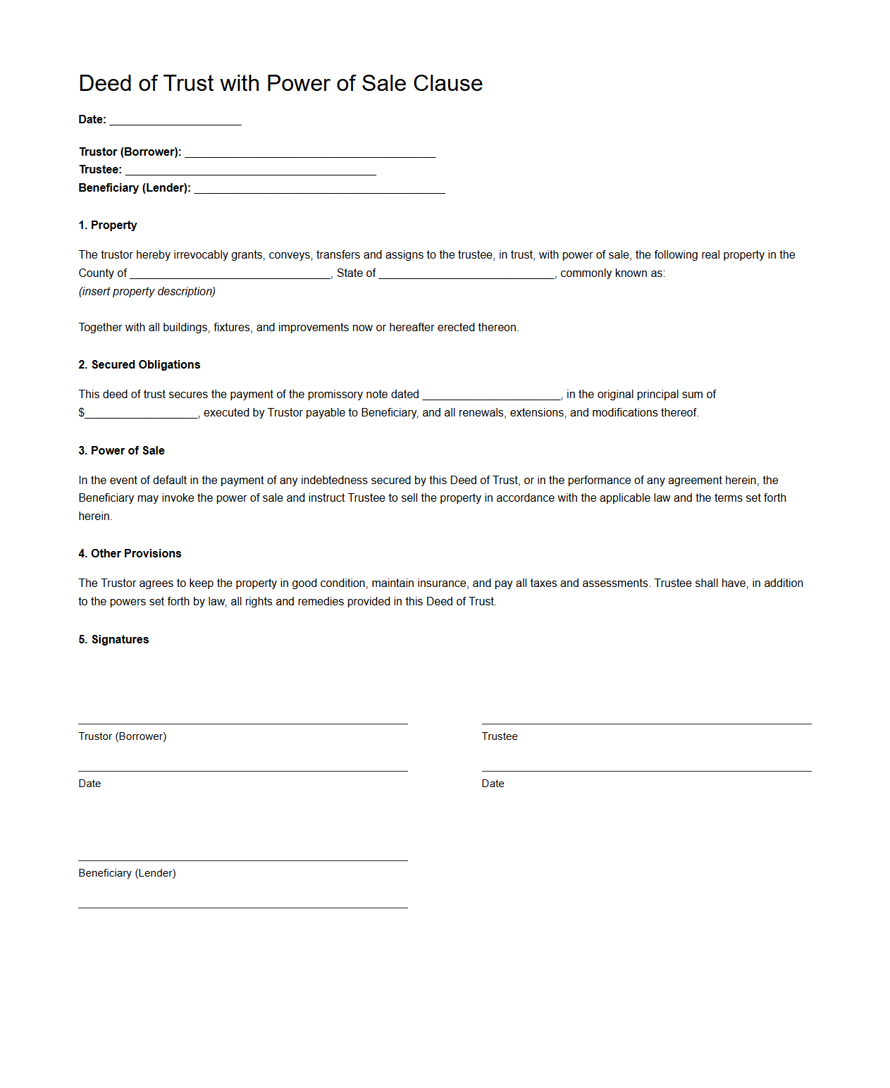 Deed of Trust with Power of Sale Clause Template