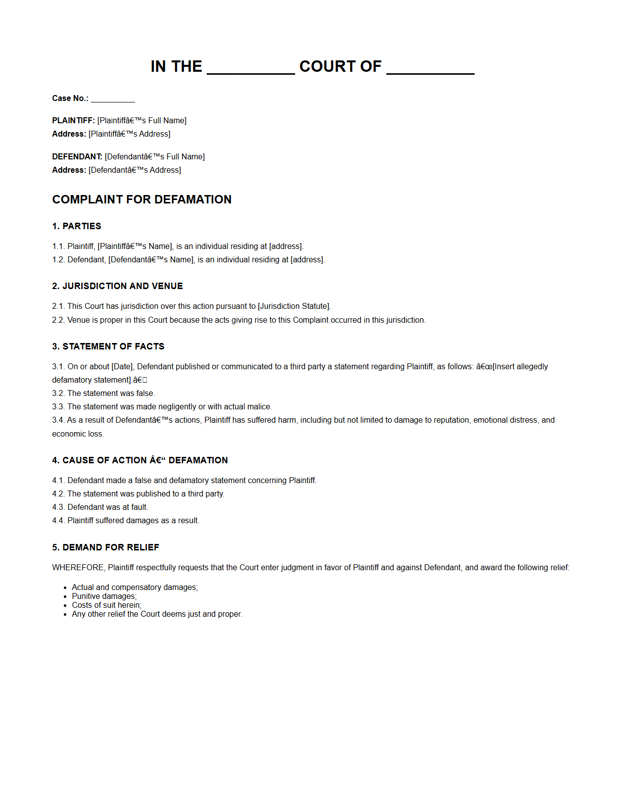 Defamation Complaint Court Sample