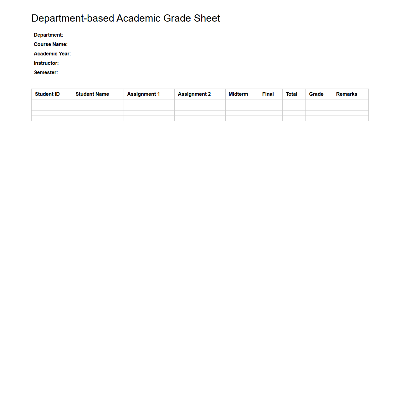 Department-based Academic Grade Sheet Template