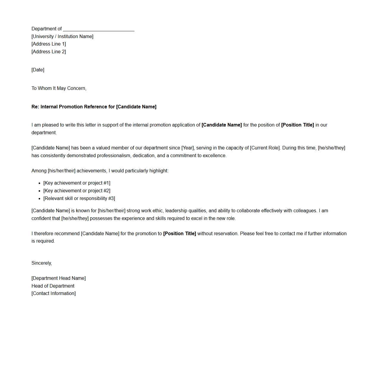 Department Head’s Internal Promotion Reference Letter