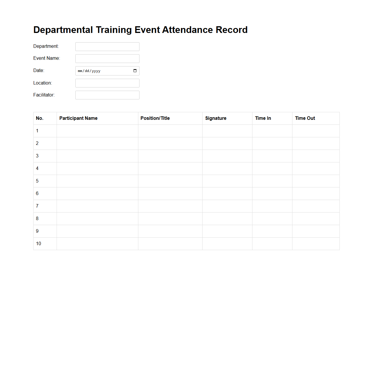 Departmental Training Event Attendance Record