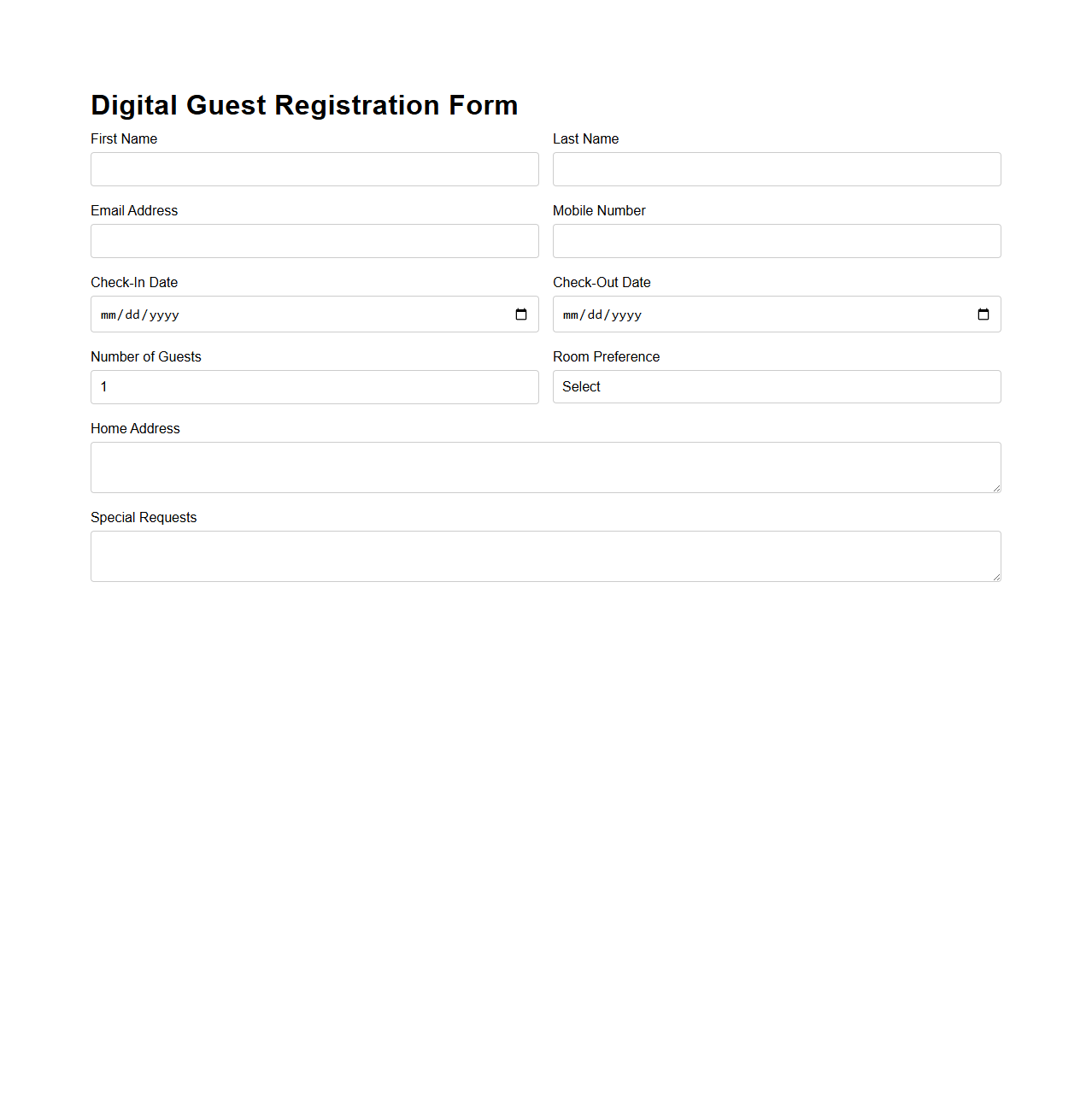 Digital Guest Registration Form for Contactless Check-In