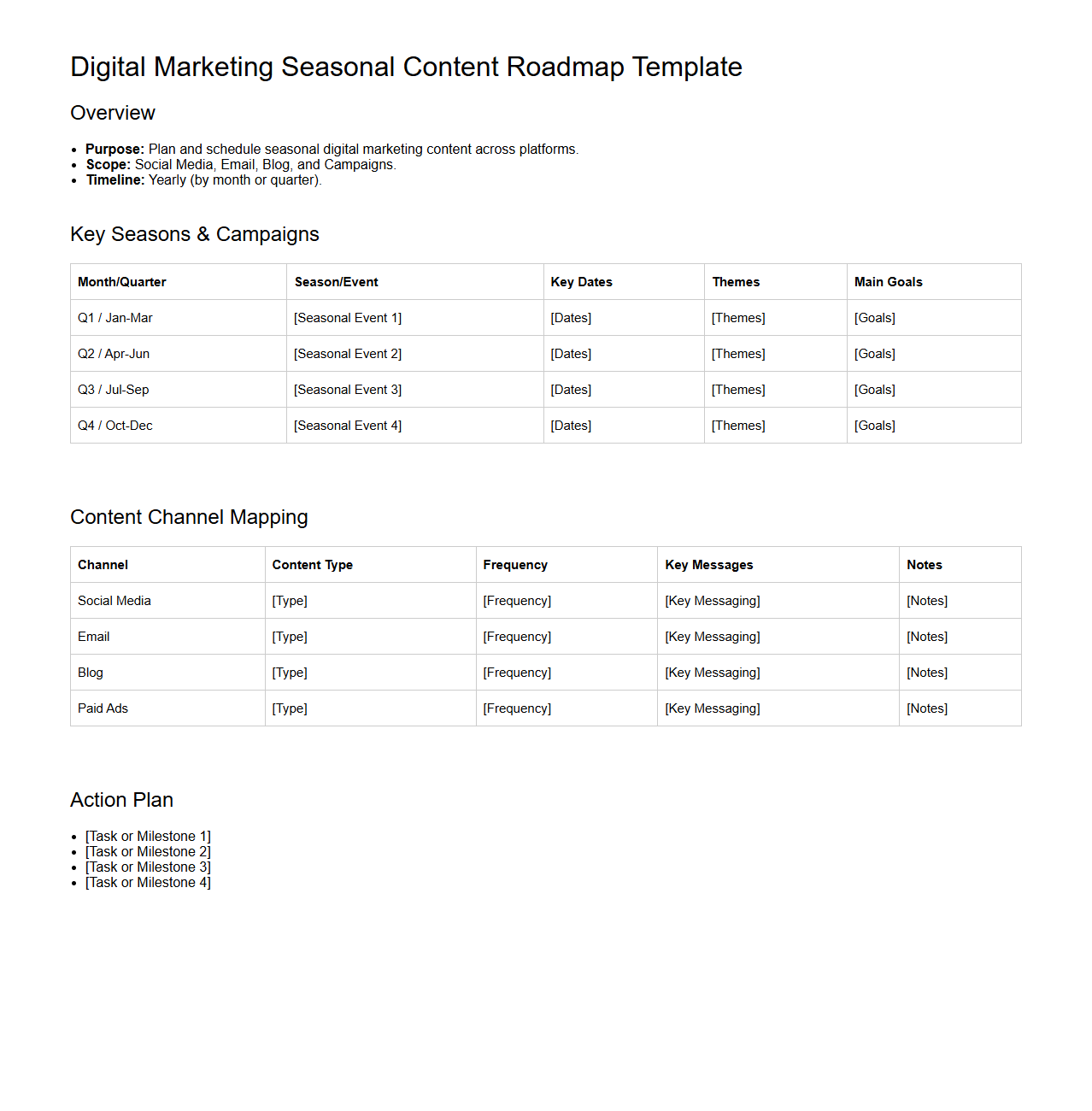 Digital Marketing Seasonal Content Roadmap Template