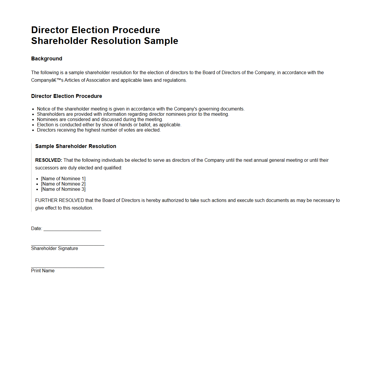 Director Election Procedure Shareholder Resolution Sample