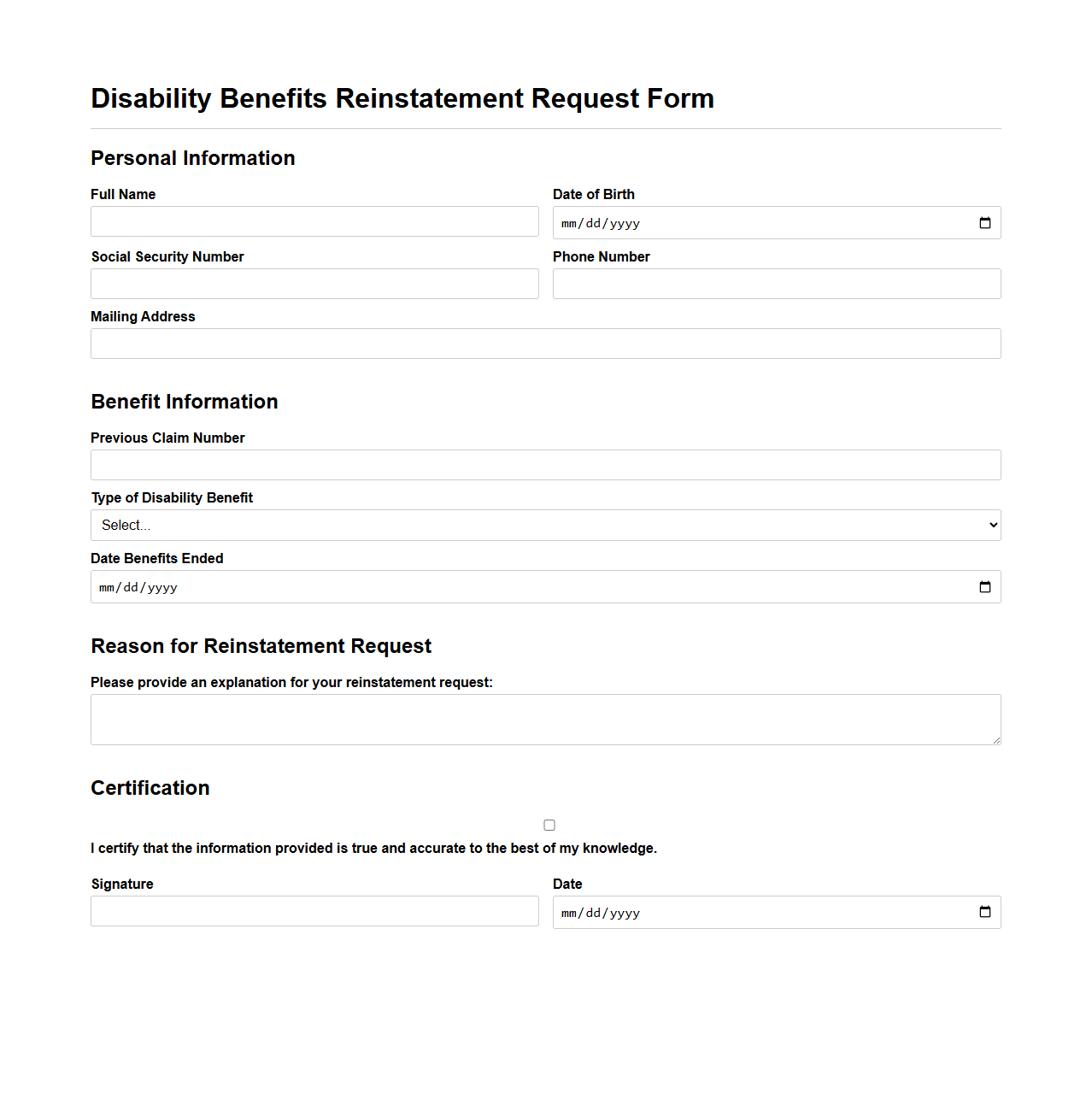 Disability Benefits Reinstatement Request Form