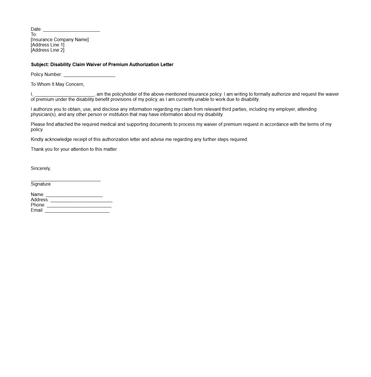 Disability Claim Waiver of Premium Authorization Letter