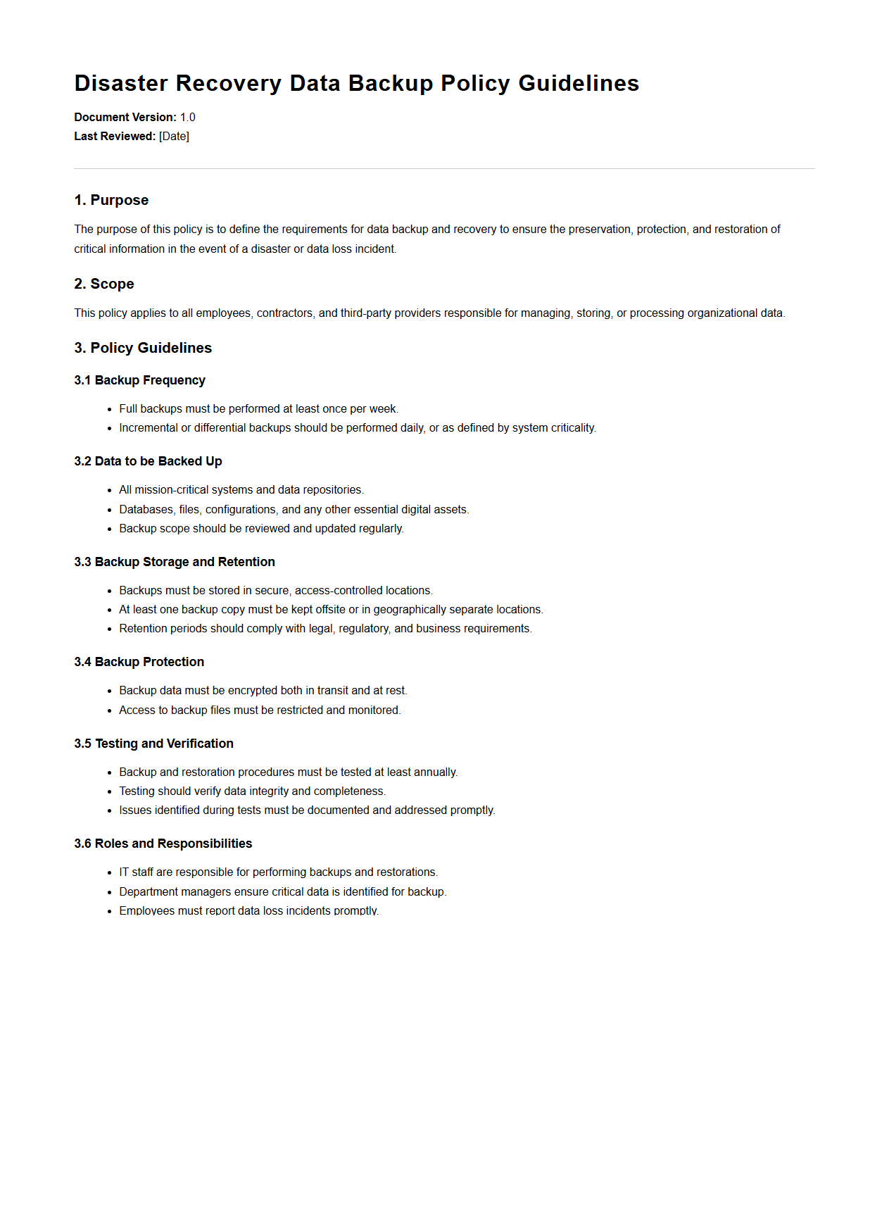 Disaster Recovery Data Backup Policy Guidelines