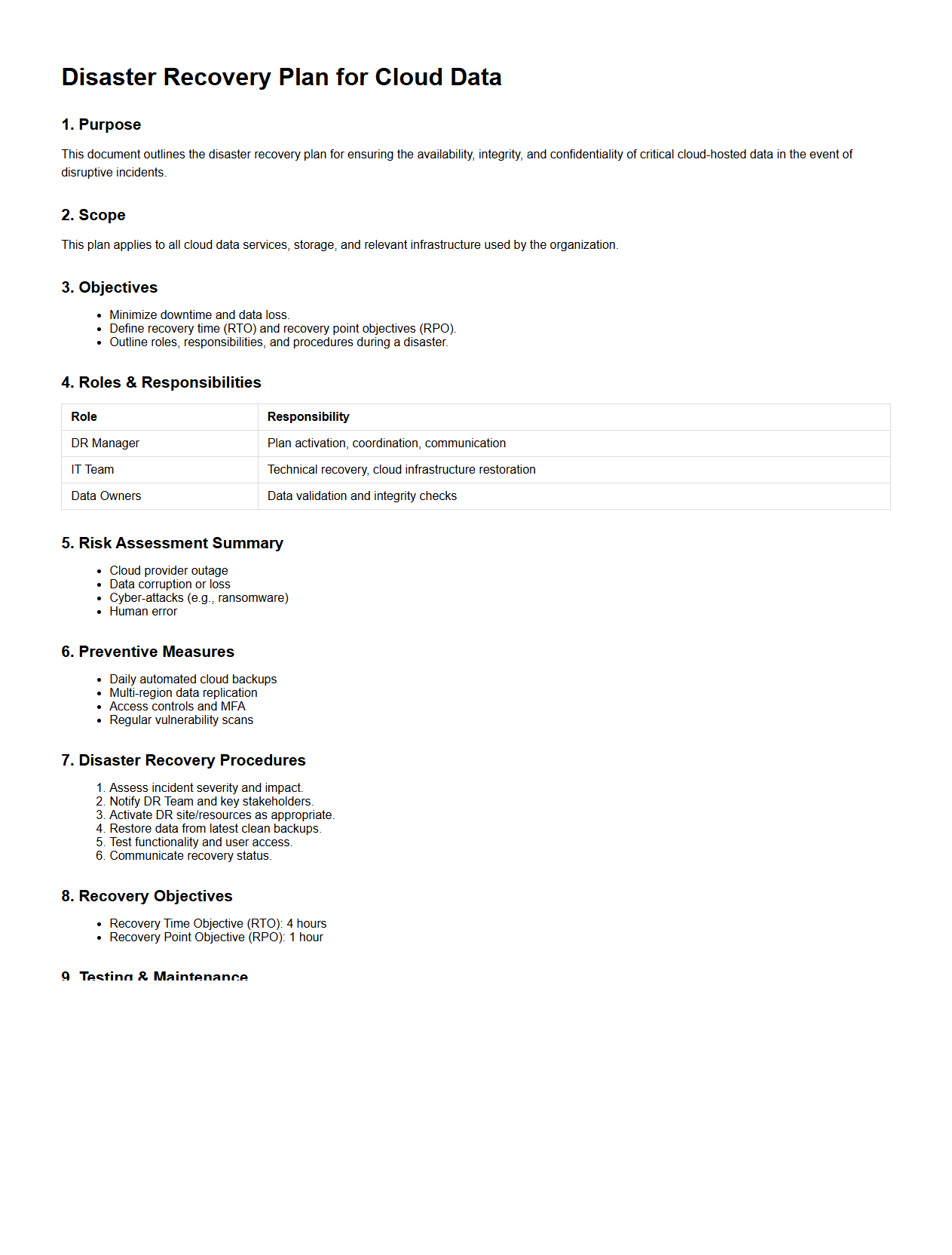 Disaster Recovery Plan for Cloud Data