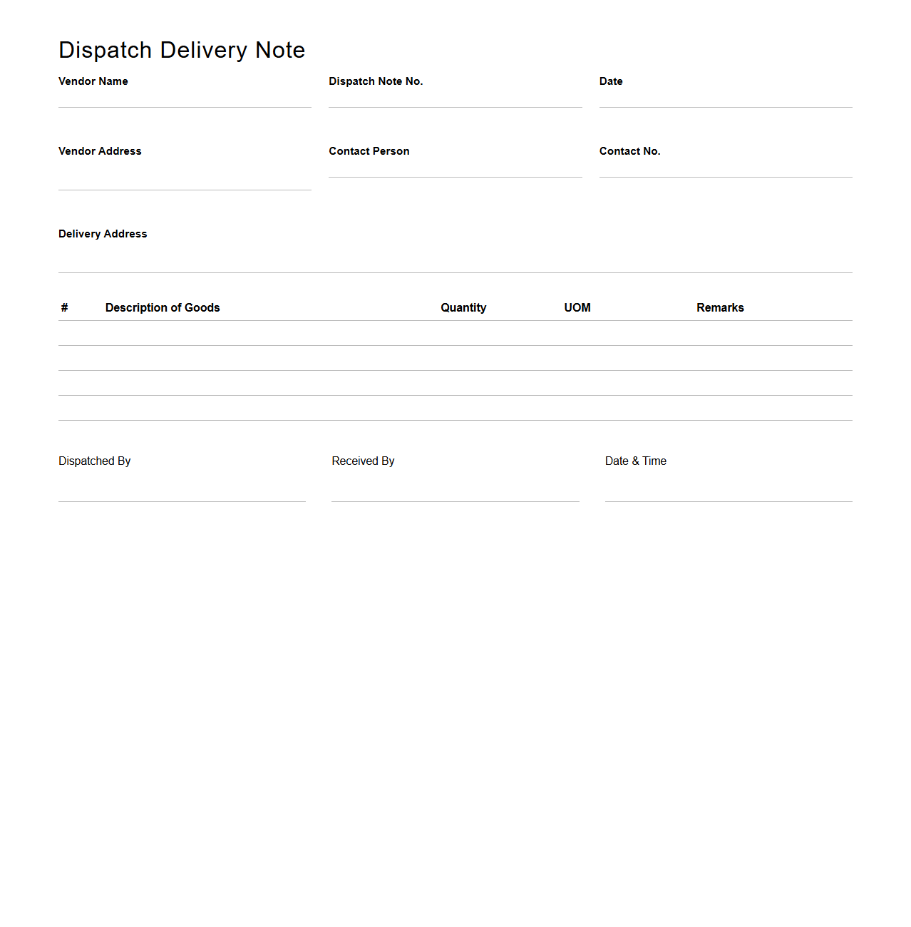 Dispatch Delivery Note Template for Local Vendors
