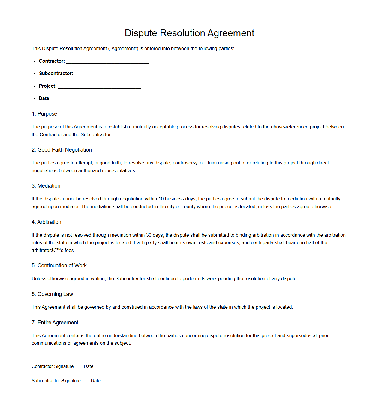 Dispute Resolution Agreement for Civil Construction Subcontractors