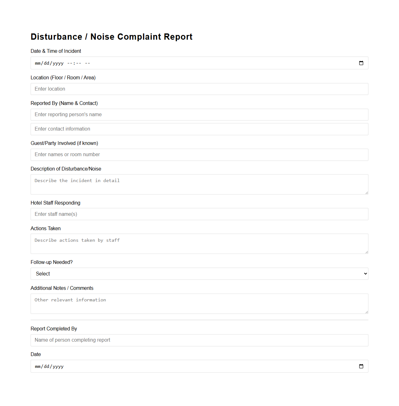 Disturbance or Noise Complaint Report for Hotel Operations