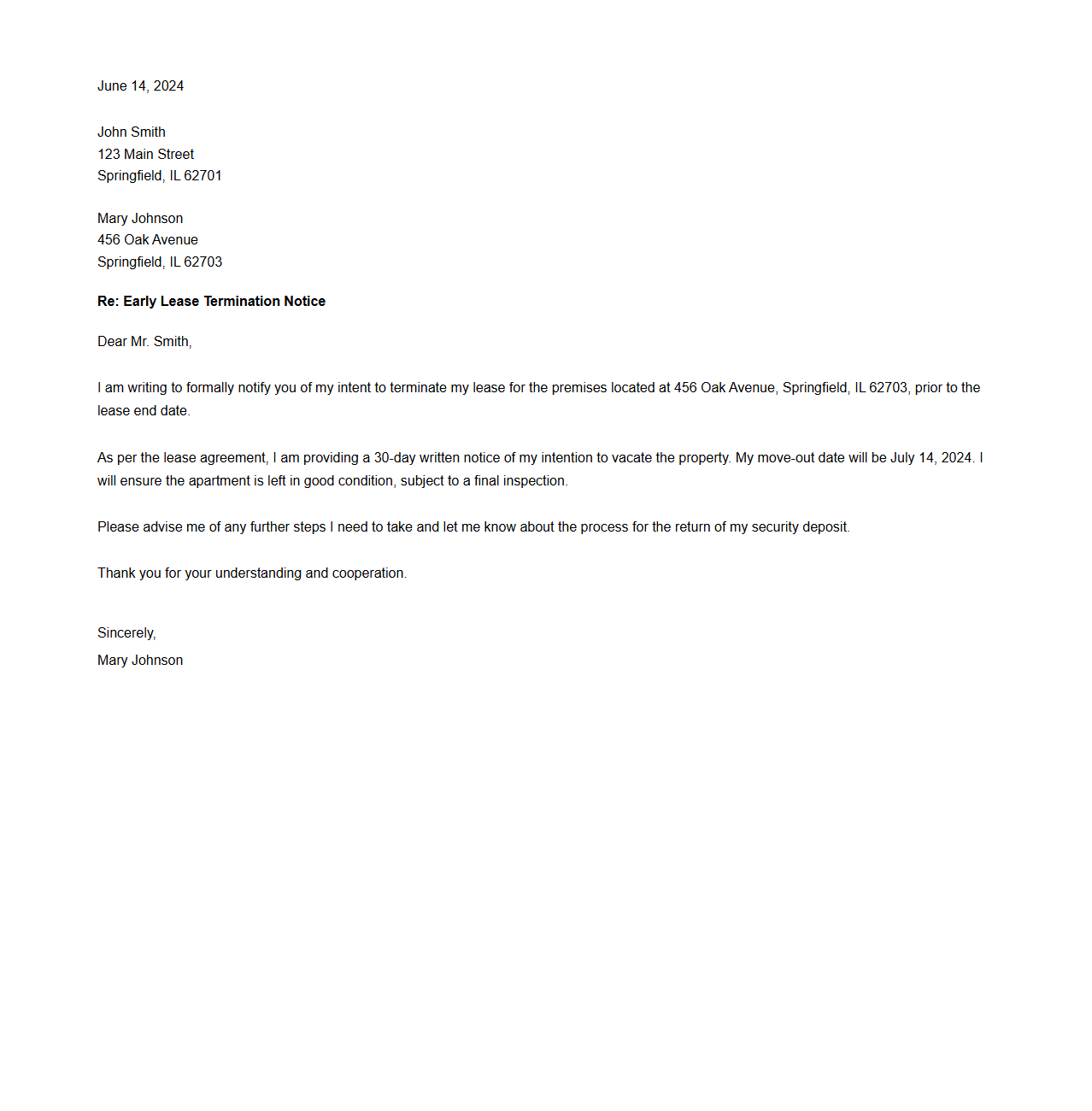 Early Lease Termination Letter Example