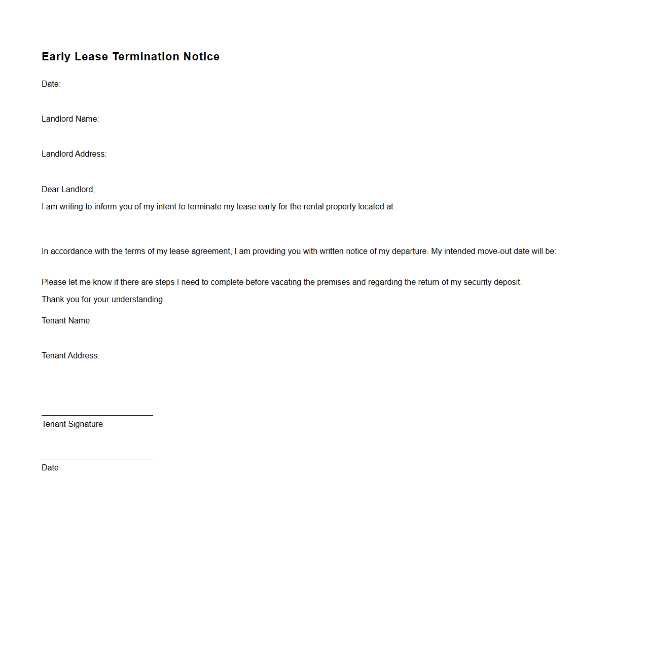 Early Lease Termination Notice Sample for Tenants