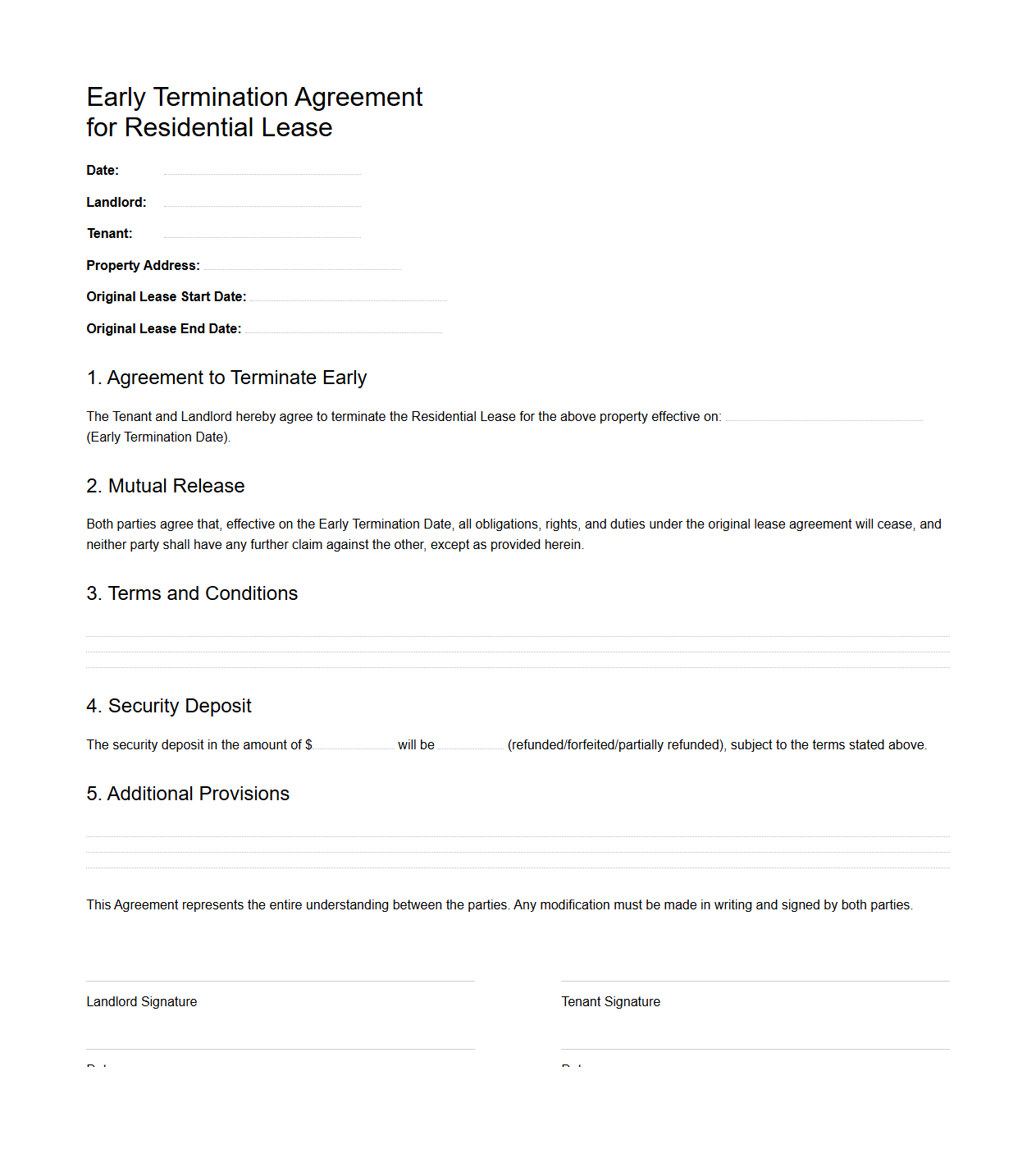 Early Termination Agreement for Residential Lease
