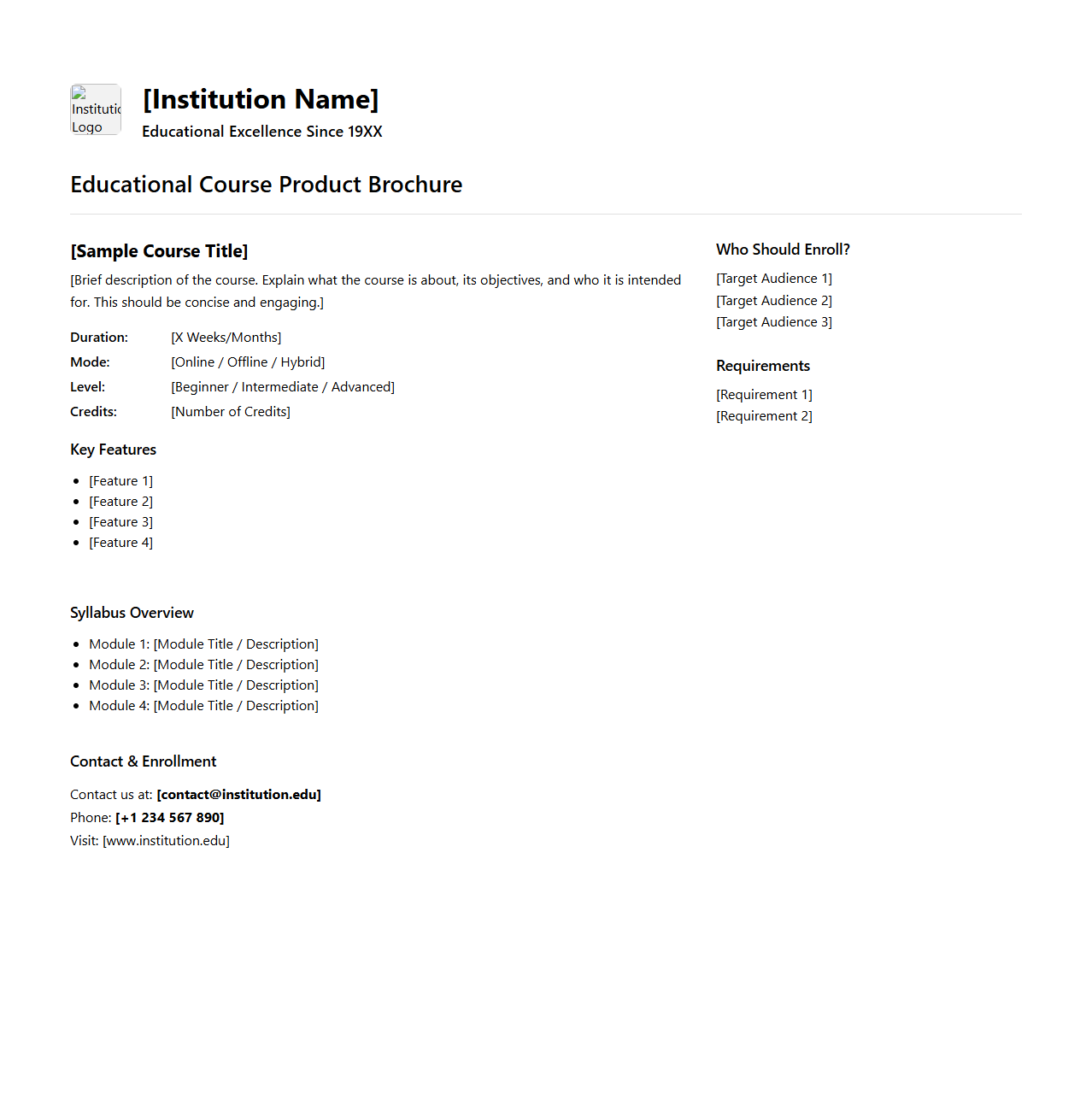 Educational Course Product Brochure for Institutions