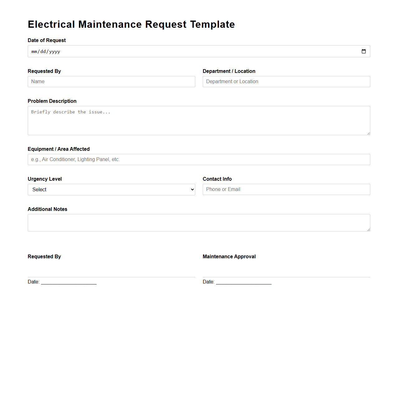 Electrical Maintenance Request Template