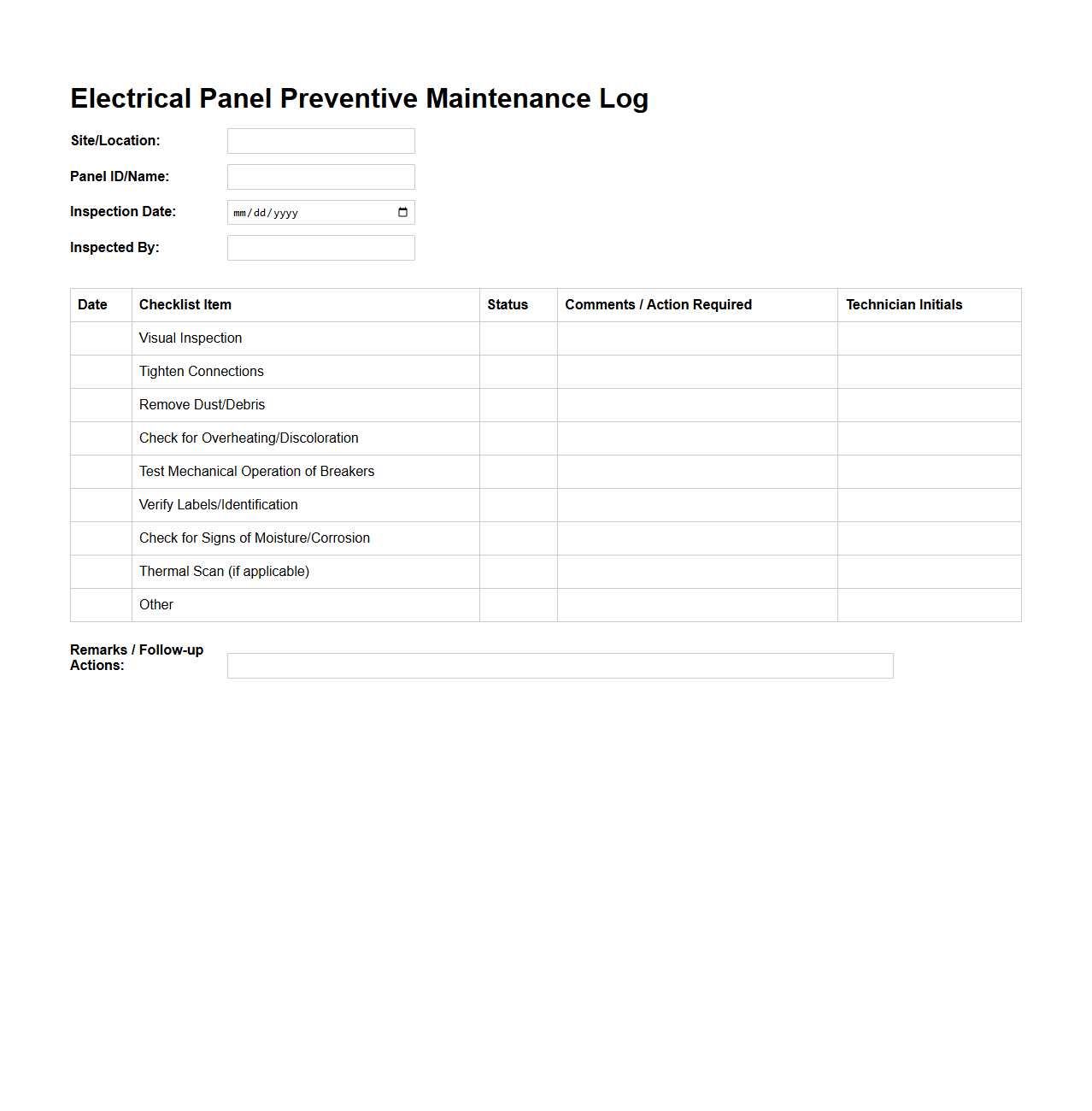 Electrical Panel Preventive Maintenance Log
